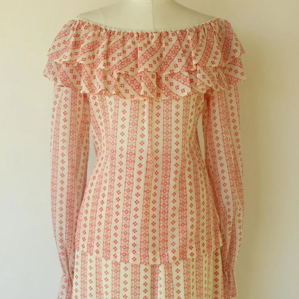 Vintage 1960s 1970s Skirt and Blouse, Neiman-Marcus Orange and Cream Peasant Sty - Picture 4 of 10